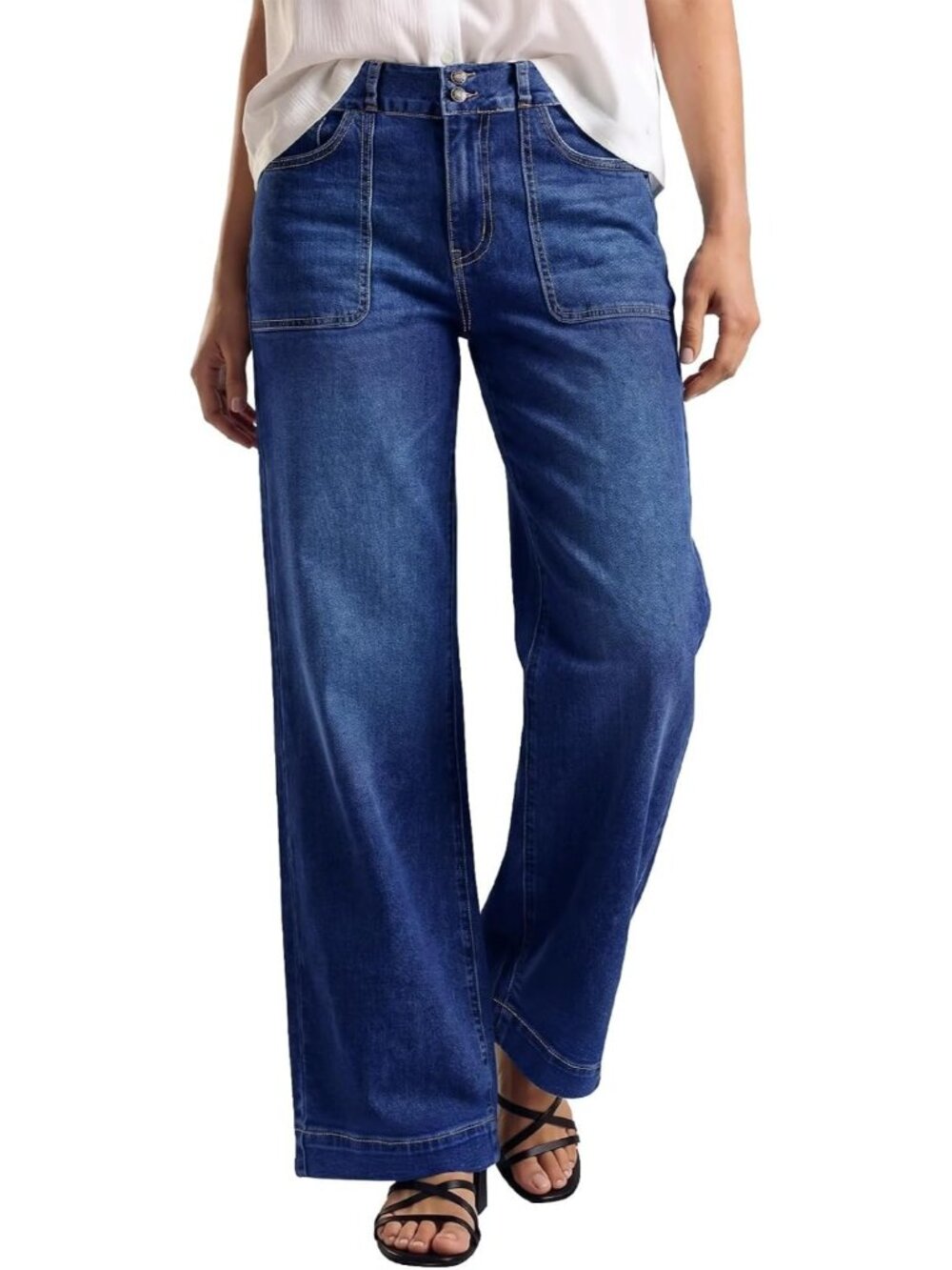 Women's Bluing Elastic High Waisted Stretchy Front Big Pocket Straight Leg Jeans